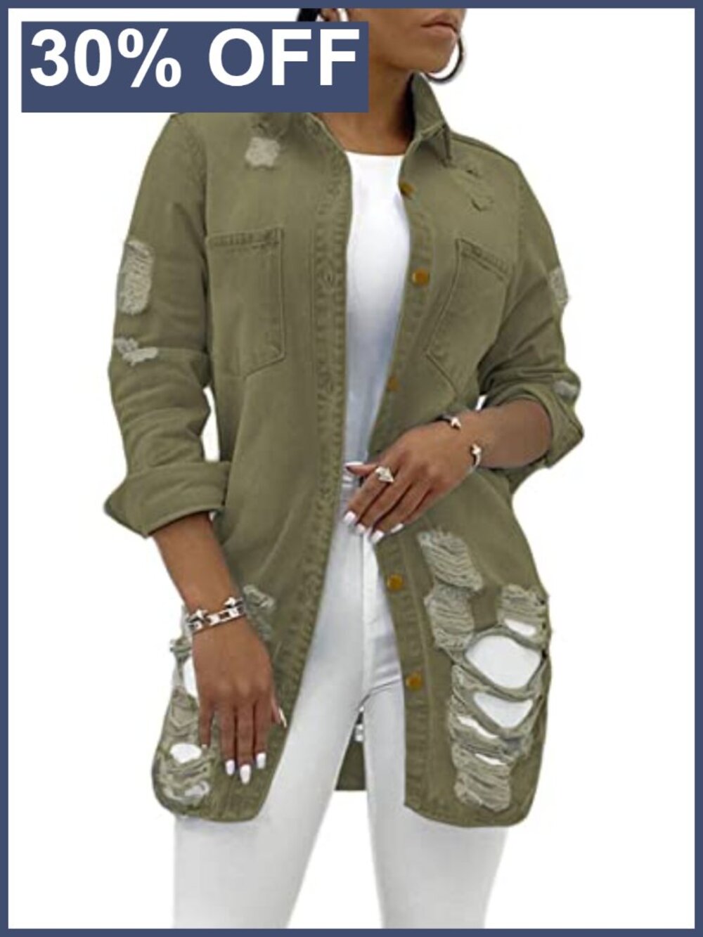Women's Camo Denim Jacket Frayed Hem Distressed Trucker Coat
